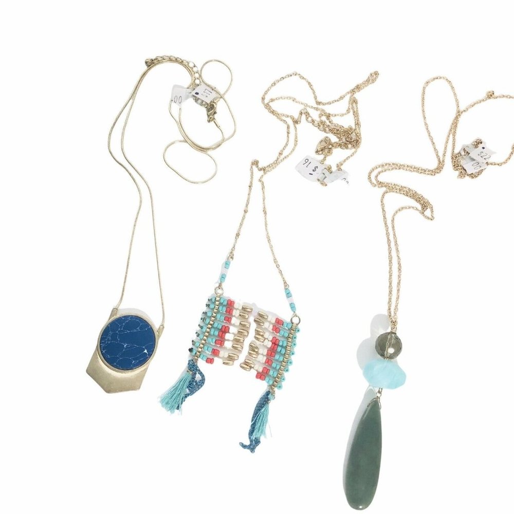 Lot of 3 Goldtone Boho Faux Turquoise Jade Pendant Necklaces Beaded 28" New